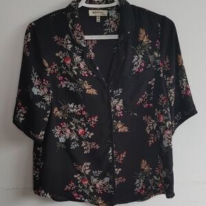 Monteau Los Angeles Black Floral Pull over. Sheer Blouse. Size M